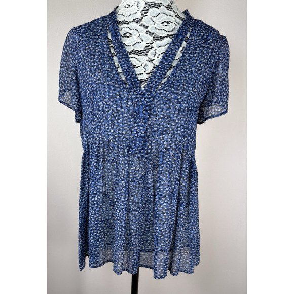 Joie Silk Blouse‎ Top Women S Neck Tie Short Sleeve Lightweight Sheer Tunic Blue - Picture 2 of 11